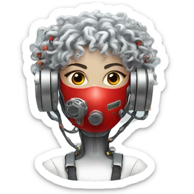 Silver curly hair female cyborg head with red respirator mask and circuits sticker