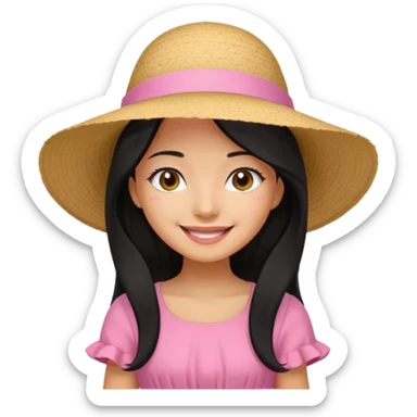 Girl in pink dress and sunhat smiling, black 2 string dress, blakc hair sticker