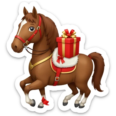 a New Year's horse with a red saddle, which has a red gift box with a white bow on the saddle sticker