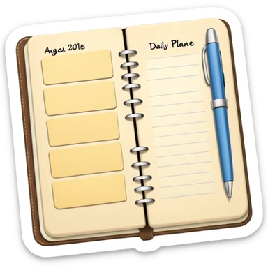 daily planner agenda cream leather with open page and pen with stickynotes sticker