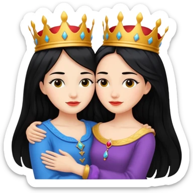 Two queens with long black hair hugging. sticker