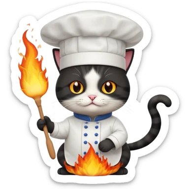 black chef cat wearing a tall white chef hat, burning hat sticker