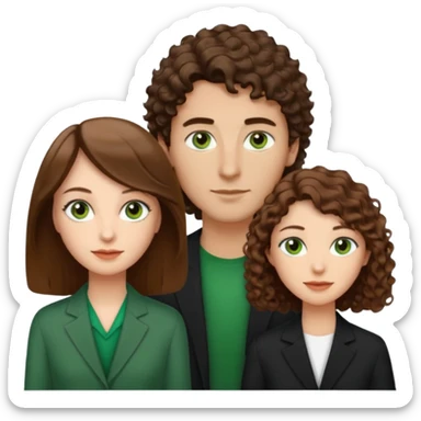 Man in the middle with brown straight hair and green eyes, women next to him with short brown hair with slight waves, tall women on right side with shoulder length curly hair and brown eyes sticker
