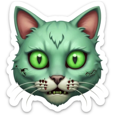 zombie cat portrait, head and shoulders only, pale fur, cracked skin patches, eerie glowing eyes, mischievous undead vibe, 3D cartoon, mobile game icon style, clean background, no text, no watermark
 sticker