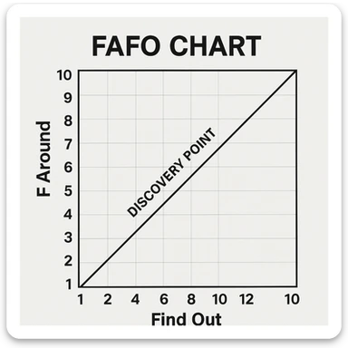 the FAFO chart. Vertically plotted is F Around. Horizontally plotted is Find Out. A diagonal line through the middle designates the discovery point. The chart goes 1 through 10 on each axis. Bold and professional textbook graphic sticker