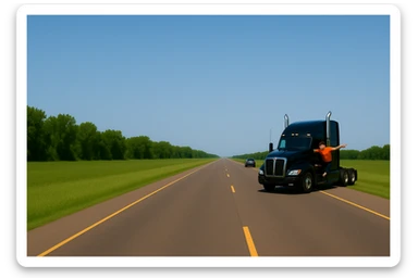Zoom the scene out a lot farther, making the vehicles much smaller and showing a wide view of the road and landscape. Keep the black Kenworth W680 semi with chrome stack, angry bald driver in orange shirt and baseball cap, arm out the window, following a car. Scene should remain bright and vibrant. sticker