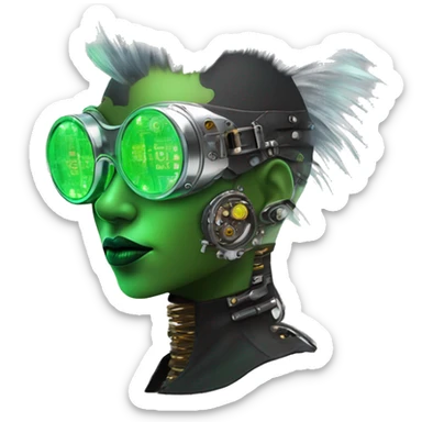 Neon green Mohawk hair Latina female cyborg head with silver steampunk goggles and circuits sticker