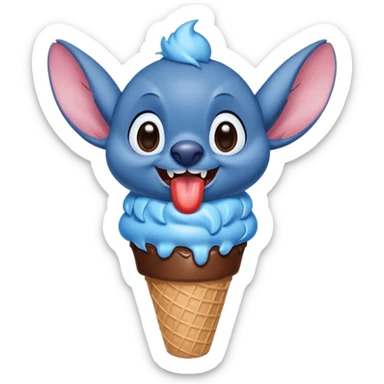 The Disney creature stitch happily licking a chocolate ice cream cone with his full body showing sticker