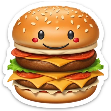 A happy smiling burger next to a pizza slice and french fries sticker