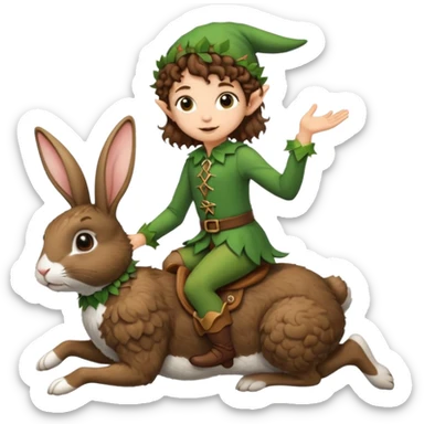tiny forest elf short tight curly brown hair riding rabbit sticker