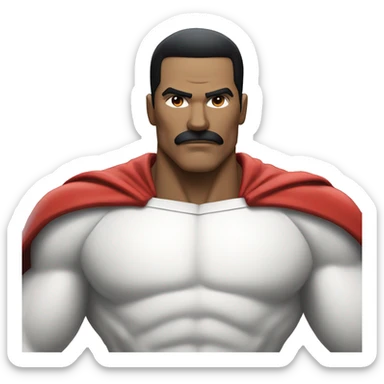  Omni-Man from Invincible. Focus on a strong, muscular figure with a prominent mustache and short black hair. He should be wearing a white suit with red accents—red gloves, boots, and a red cape—along with a bold 'O' symbol on his chest. sticker