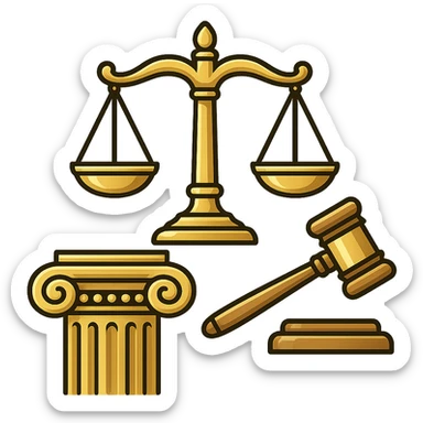 Vector illustration of a classic symbol of law (e.g. scales of justice, gavel, courthouse column), designed with elegant and refined lines. Include intricate golden detailing, soft gradients for a polished metallic look, and realistic shadows and highlights for depth. Style should be clean and professional, with a modern yet timeless feel. Transparent background sticker