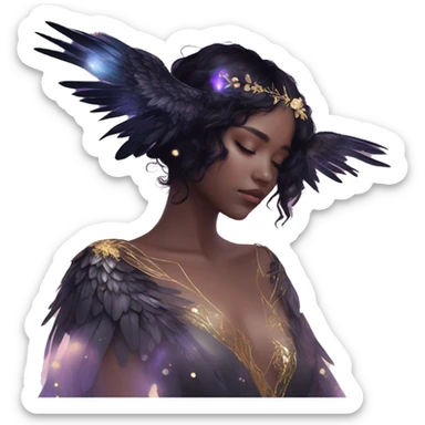 Black Raven wings bohemian girl Ethereal iridescent galaxy constellation girl angel raven wings black wings, gold arrow, nebula, flower crown, fairy lights, nature, shot by golden arrow sticker