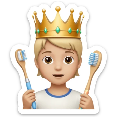 Creat an emoji for child with wearing crown holding toothbrush sticker