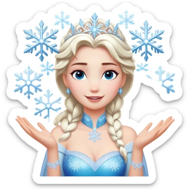Cinematic Elegant Elsa Portrait Emoji, Standing gracefully with snowflakes forming in her hands, a soft yet confident smile, frosty shimmer surrounding her, a queen in perfect icy splendor! sticker