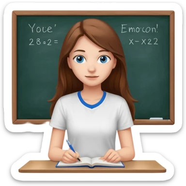 high school class room with a pretty female high school student with long brown hair, blue eyes sitting in front of the blackboard sticker