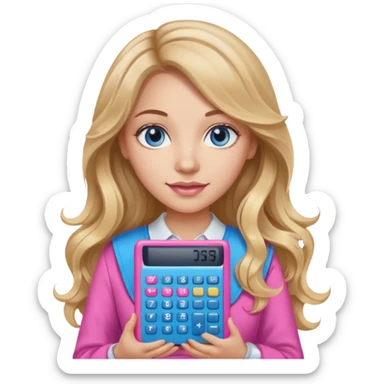 pretty female with long wavy brown hair with blonde highlights and blue eyes holding a pink calculator sticker
