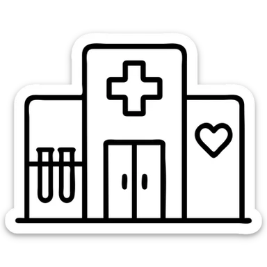 Modern clinic building facade with a red cross medical symbol, test tubes and a small heart icon, clean minimalist medical facility exterior sticker