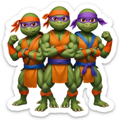 Give me a picture of 4 teenage mutant ninja turtles. Make them hold a fighting pose. Their bandana colors should be red, another orange, another purple, another blue. sticker