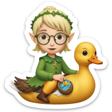 tiny forest elf blode hair with round glasses riding a duck sticker