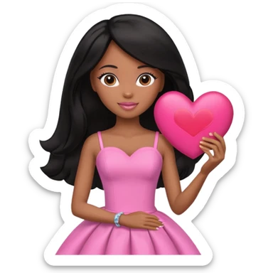 Black barbie, long black  hair, pink dress holding big heart that  visibly says "daily heart me" sticker