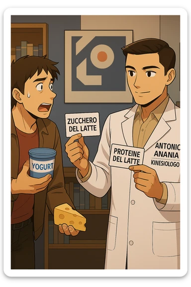 fai un webtoon manga a colori con questo stile, in cui un uomo fa una domanda al kinesiologo con il camice bianco (fagli anche la scritta "ANTONIO ANANIA" SUL CAMICE, l'uomo chiede una cosa mostrando un formaggio e uno yogurt al kinesiologo con il camice, IL KINESIOLOGO annuisce e SPIEGA ALL'UOMO UNA cos. L'UOMO ha un ESPRESSIONE CONFUSA IN VOLTO. non fare i fumetti però, fai solo in modo che sembri stiano parlando sticker