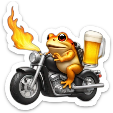 Toad in a motorbike with a beer and fire sticker