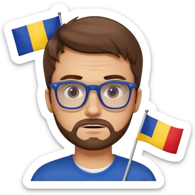 A brown-haired white man with a designer stubble beard and rectangle glasses. He shrugs. In the background the Romania flag. sticker