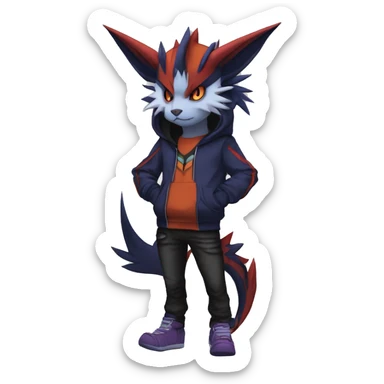 Cool Anthro Dark Absol-Noivern-Quilava-Litten-Pokémon with edgy stripes hoodie spiked collar punk Full Body sticker