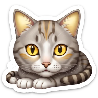 A grey tabby, white mix cat with glowing golden eyes, lying down gazing at camera sticker