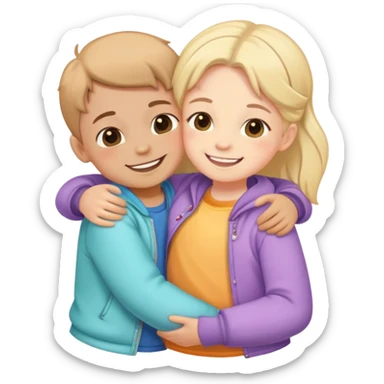 Cute detailed sticker: two smiling kids hugging, colorful clothes, soft cartoon style, pastel colors, clean lines, transparent background. sticker