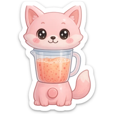 full-body fox-shaped blender with transparent body filled with fruity smoothie, sparkling eyes, pastel pink color, transparent background sticker