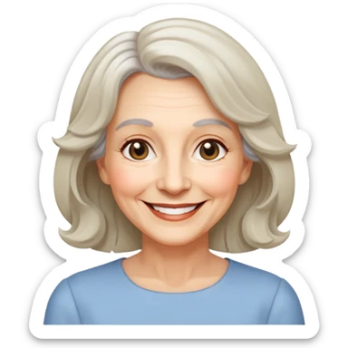 "- Nữ
- 65 tuổi
- Da trắng
- Tóc ngang vai, xoăn nhẹ
- Mặt cười tươi, vui vẻ, mắt màu đen sticker