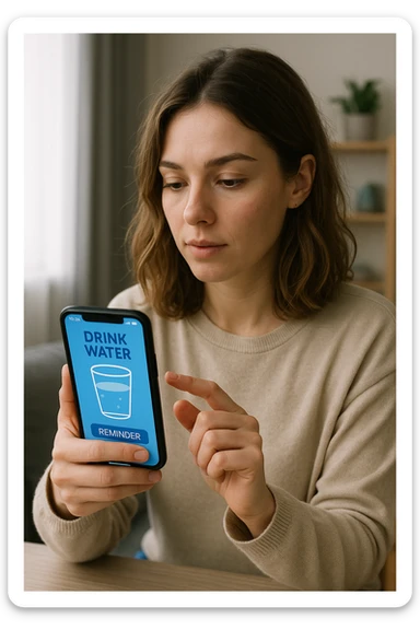 Donna che usa App per ricordarsi di bere, altrimenti non beve mai testo in italiano sticker