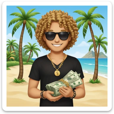 Smiling person with curly hair in black shirt and chain necklace, holding money bundles, black sunglasses, tropical beach scene with palm trees sticker