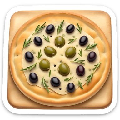 cinematic-realistic-focaccia-bread-dish-emoji,-depicted-as-a-golden,-olive-oil-brushed-flatbread-sprinkled-with-herbs-rendered-with-lifelike-texture-and-soft,-appetizing-lighting showing olives on top  sticker