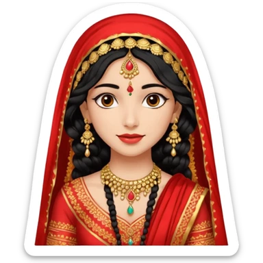 a pretty bratz fair indian girl wearing a red indian wedding outfit with dupatta on head,  golden jewellery, black wavy hair sticker