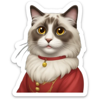 Ragdoll cat with pecifier in its mouth and red dress sticker