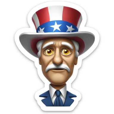 Uncle Sam with pitiful eyes holds a sign at full height waist photorealistic serious sticker