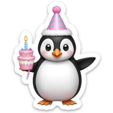 cute penguin with birthday hat hold a birthday pink cake in arms sticker