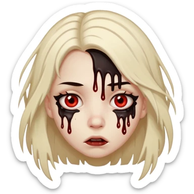 Make me a girl with 2 strands of hair on each side over here face. Under here eyes put black blood dripping. Make make it look like she’s scared sticker