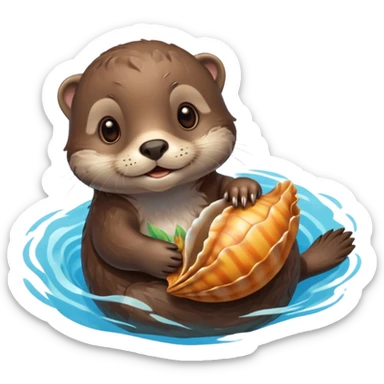 adorable otter floating on clearly visible blue water with waves, holding a shell sticker