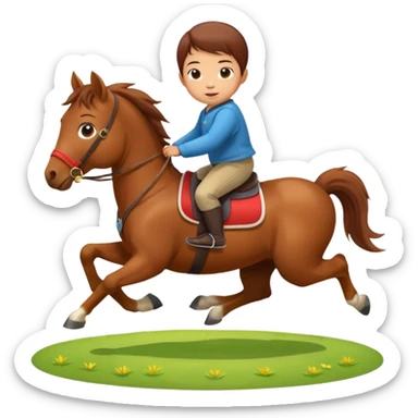 l little chinese baby riding on a  cute horse running really fast on the grass with 2026 year's label sticker