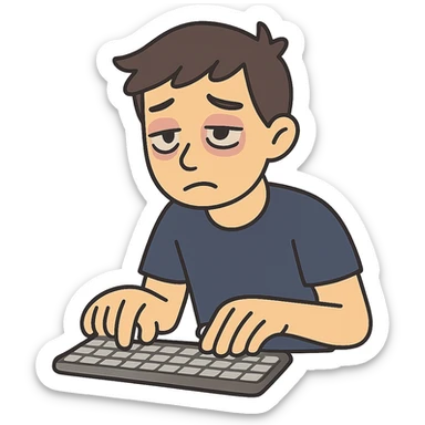 flat toon style of a person with bags under their eyes, typing on a keyboard sticker