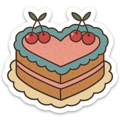 flat toon heart-shaped vintage-style cake with cherries sticker