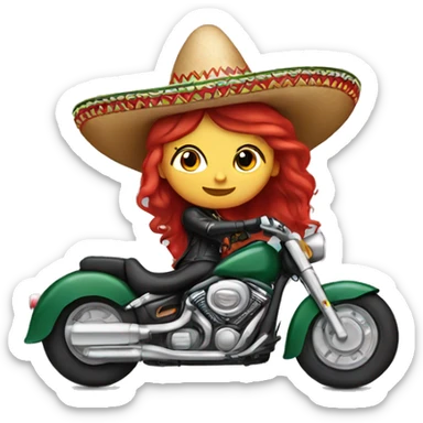 Mexican sombrero girl with red hair in leather on a motorcycle sticker