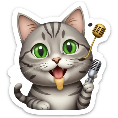gray tabby cat with green eyes eating singing sticker