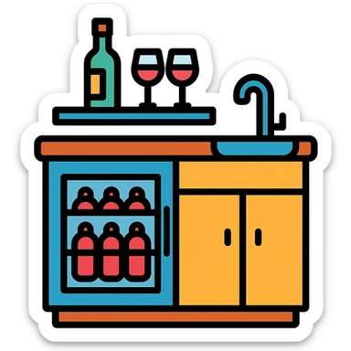 wet bar with wine fridge and sink, color outline icon style, modern look sticker