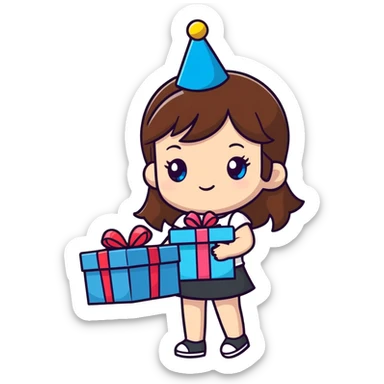 girl with brown hair and blue eyes, holding a present, wearing a birthday hat, cartoonish sticker style sticker