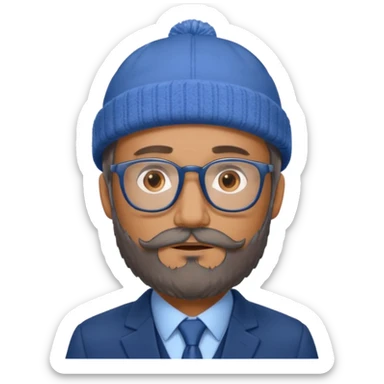 Create a figure that reflects an experienced entrepenurr but who has professional and elegant clothing, blue winter cap, grey glasses, brown eyes and an unkempt beard  sticker